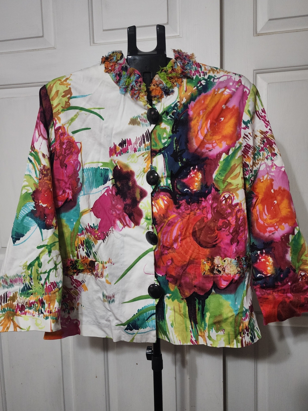Berek Art to Wear Floral Blazer Jacket Sz L Bright Multi Color Ruffled Neck